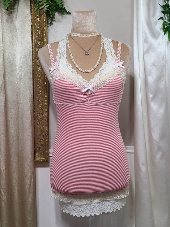 Abercrombie & Fitch Tops - Vintage Abercrombie & Fitch Pink and White Striped Lace Trim Tank Y2K